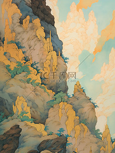 金色山水画背景图片_青绿相间的山脉暗金色和天青背景1