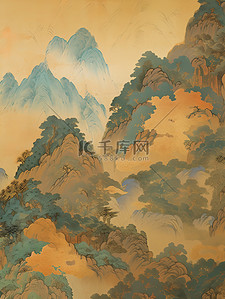 金色山水画背景图片_青绿相间的山脉暗金色和天青背景19