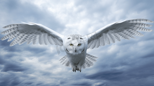 一只白色猫头鹰在多云的天空中飞翔