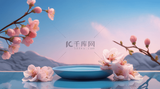 3d立体背景蓝色背景图片_粉色桃花水面产品展示展台背景