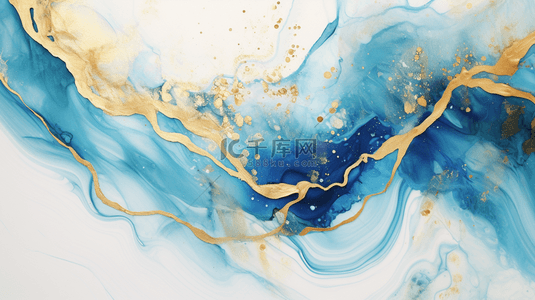 收集抽象灰蓝色液体水彩背景与金色污渍
