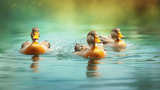 三只鸭子一起在水里游泳