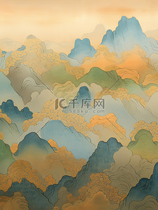 青绿国风背景图片_青绿相间的山脉暗金色和天青背景3