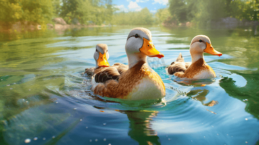 三只鸭子一起在水里游泳