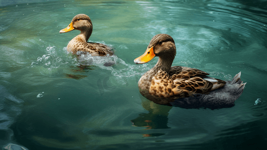 二只鸭子一起在水里游泳