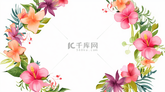 热带花卉图案背景图片_粉色的多叶圆形水彩框架。
