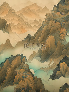 青绿国风背景图片_青绿相间的山脉暗金色和天青背景11