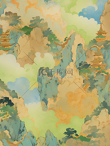 青绿国风背景图片_青绿相间的山脉暗金色和天青背景5