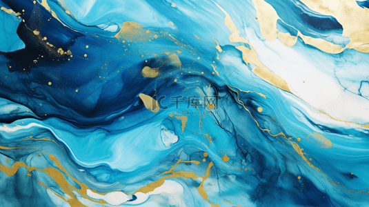 墨水污渍背景图片_皇家青色薄荷液态大理石水彩背景，带有白色波浪线和刷子污渍。
