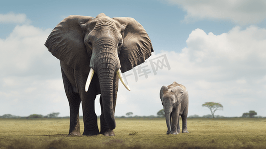 大象和小象摄影照片_草原上的大象和小象2