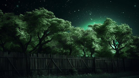 夜间栅栏附近的绿树3