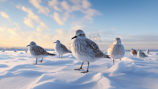 鸟群站在积雪覆盖的地面上3