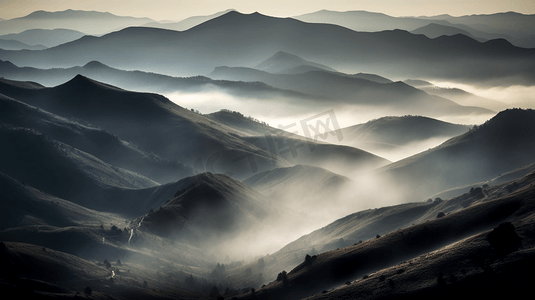 山谷摄影照片_清晨平流雾笼罩的绿色山谷2