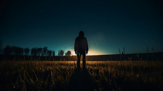 夜间站在草地上的人的剪影