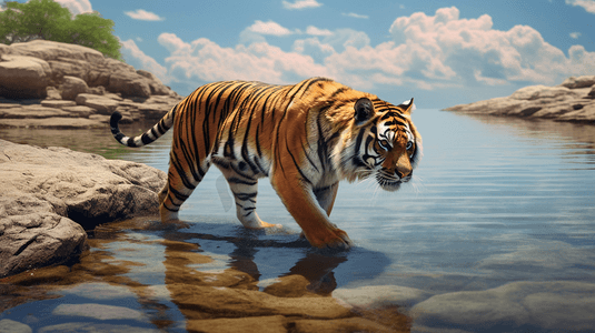 一只老虎在一片水域旁的岩石地带行走