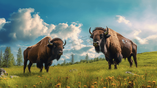 两只野牛站在绿色的草地上1