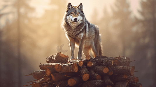 一只狼站在一堆木头上