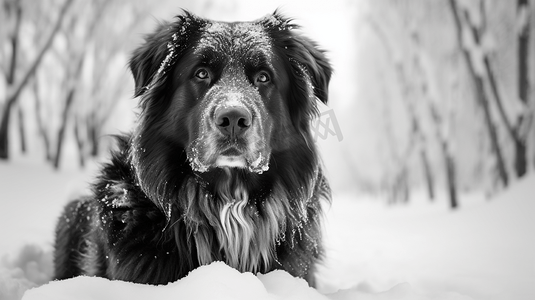 一只黑狗坐在雪地里