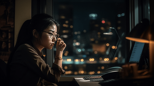 年轻白领夜晚办公加班