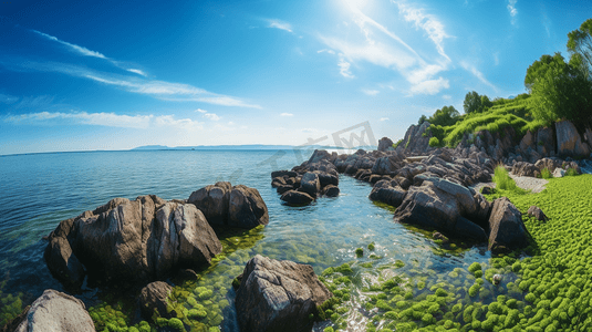 海岸岩石摄影照片_海岸边的礁石海藻2