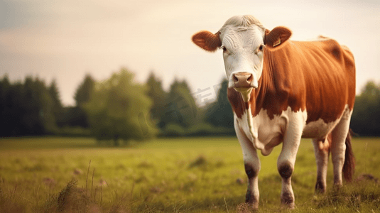 站在草地上的棕白色奶牛1
