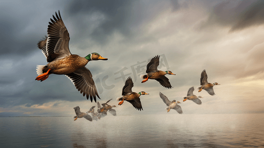 一群鸭子在多云的天空中飞翔