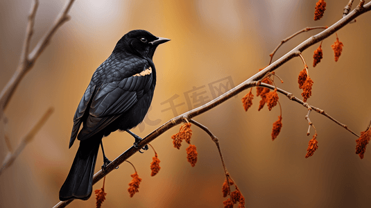 冬季一只黑色的鸟坐在树枝上1