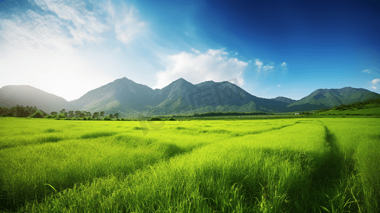 绿色山峰摄影照片_茂密的绿色草地和远处的山峰