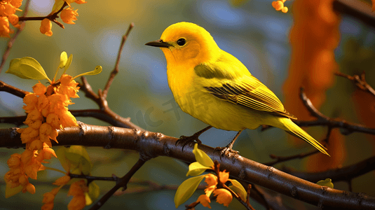 一只黄色的鸟坐在树枝上