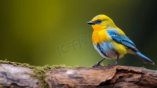 一只黄蓝相间的鸟坐在树桩顶上