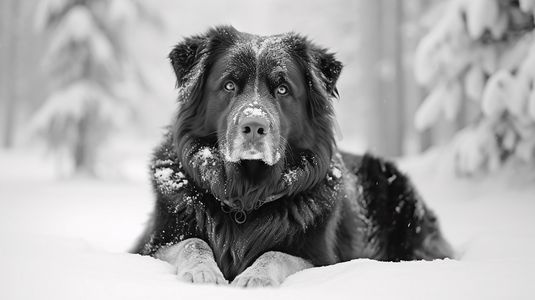 一只狗坐在雪地里