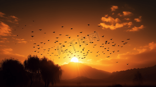 日落时分鸟儿飞翔的剪影