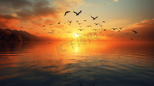 鸟群在日落的水域上空飞翔2