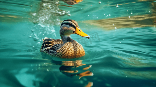 一只在水里游泳的鸭子