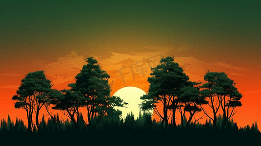 日落时分的绿树森林剪影3