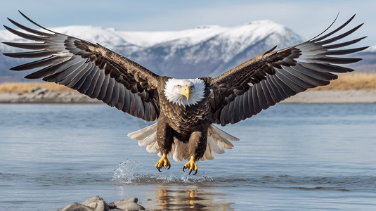 一只秃鹰在一片水域前展开翅膀