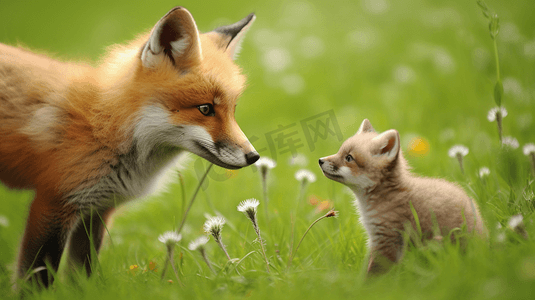 一只小狐狸和它的妈妈在草丛里玩耍