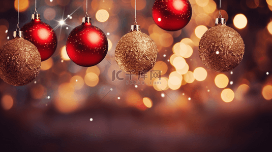 圣诞金色背景背景图片_圆形图案，带射线和圣诞球，置于深色背景上。