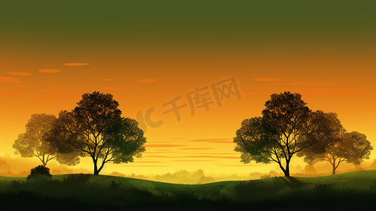 日落时分的绿树森林剪影2