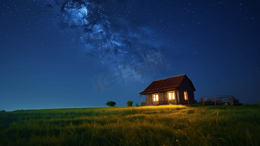 夜晚草摄影照片_满天繁星下草地上的棕色房子2