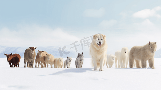 狼在白雪覆盖的田野上行走