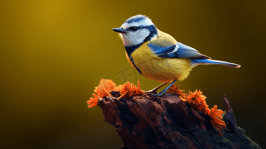 黄蓝相接摄影照片_一只黄蓝相间的鸟坐在树桩顶上