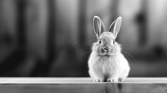 黑白兔摄影照片_棕色木桌上的黑白兔