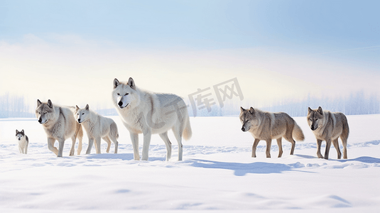 一群狼在白雪覆盖的田野上行走