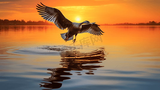 夕阳下一只鸟在水体上空飞翔