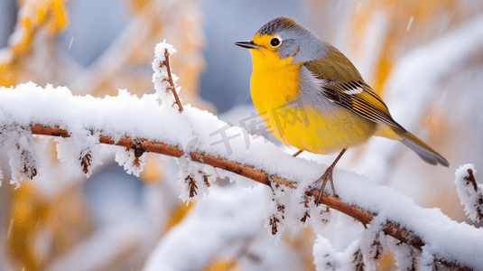 一只小鸟栖息在白雪覆盖的树枝上