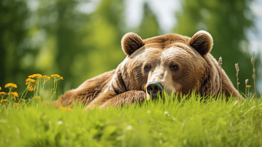 一只大棕熊躺在一片郁郁葱葱的田野上