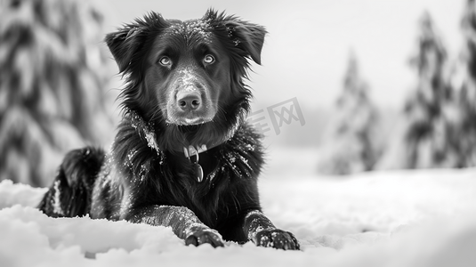 一只狗坐在雪地里