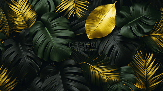 黑金植物背景图片_金色热带叶子背景