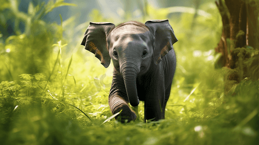 一头小象走过郁郁葱葱的绿色田野